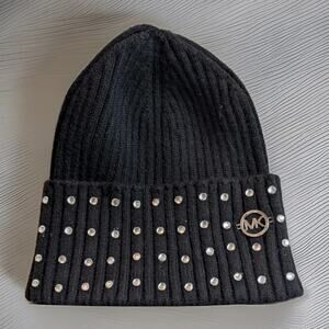 NWOT Michael Kors Women's Rhinestone & Stud Beanie Hat Cap Black With MK Emblem